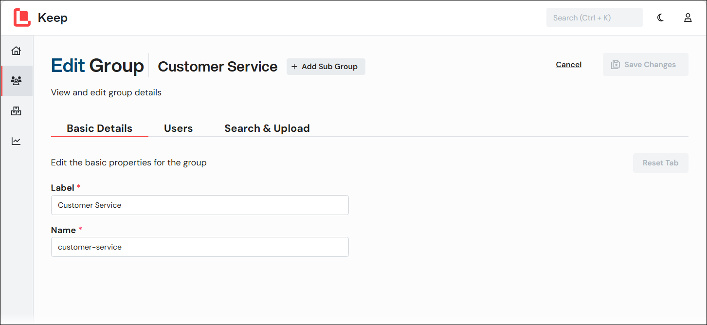 The Basic Details tab of the Edit Group page.
